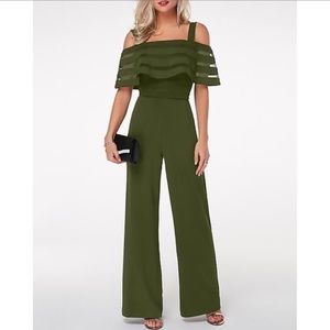 PLUS SZ Cold Shoulder Olive Green Overlay Jumpsuit